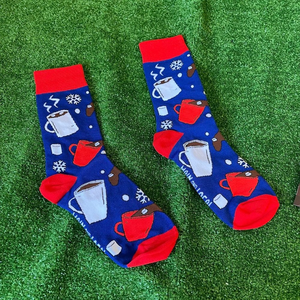 Main and Local Smooth and Creamy Hot Cocoa Blue Casual Crew Socks Size OS NEW